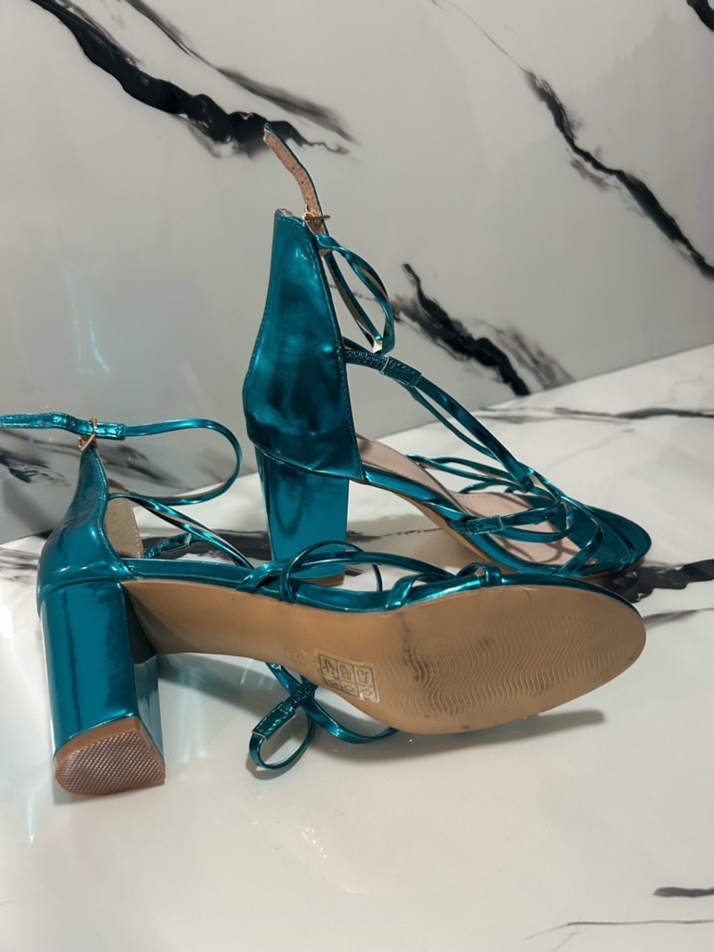 Metallic Teal Strappy Block Heel Sandals - Women's - Picture 2 of 2